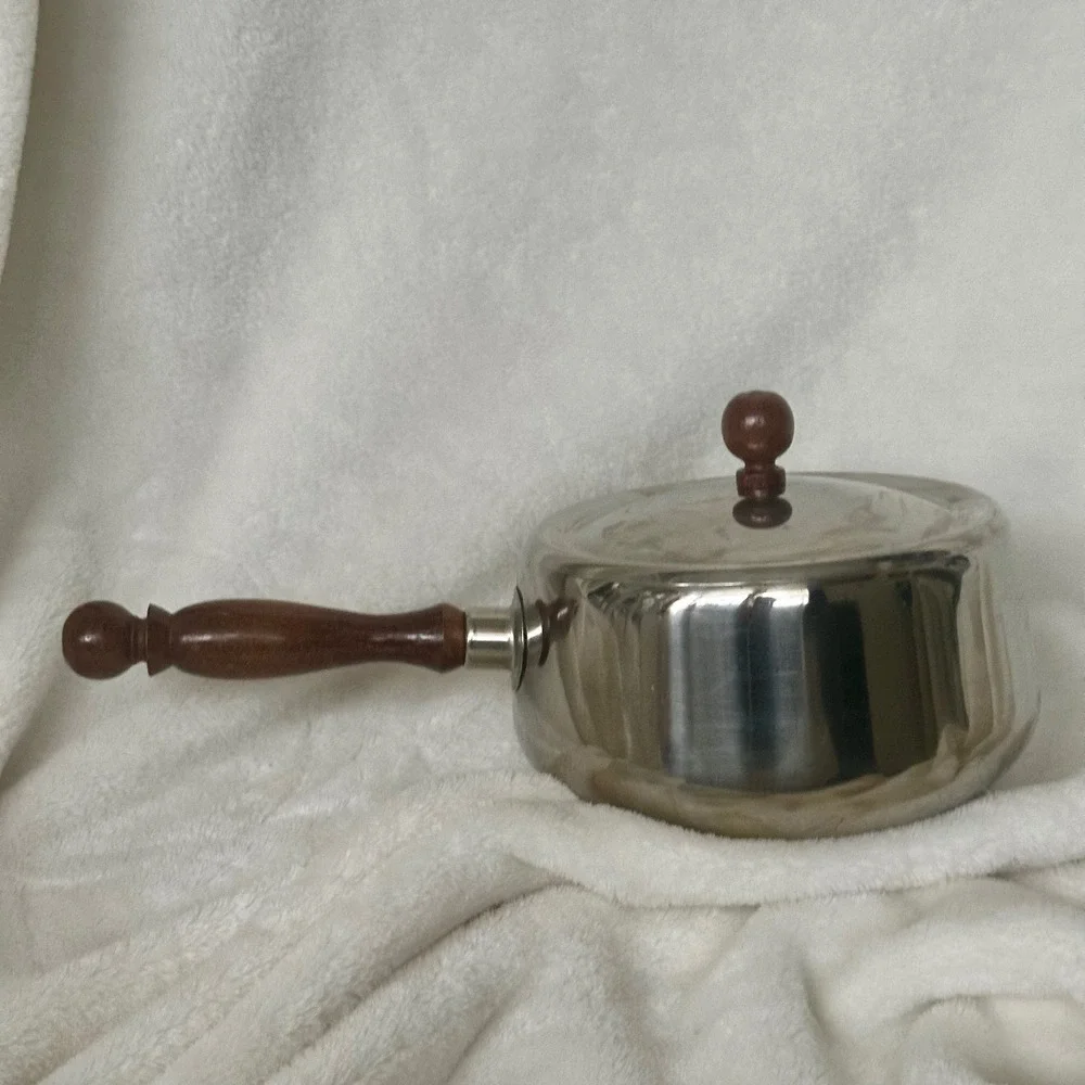 Vintage Mid Century Stainless Steel Fondue Sauce‎ Pot Wood Handle Lid
